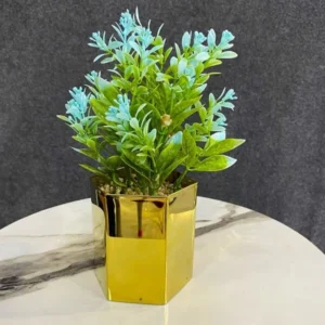 Blue Floral Plant in Gold Hexagon Vase