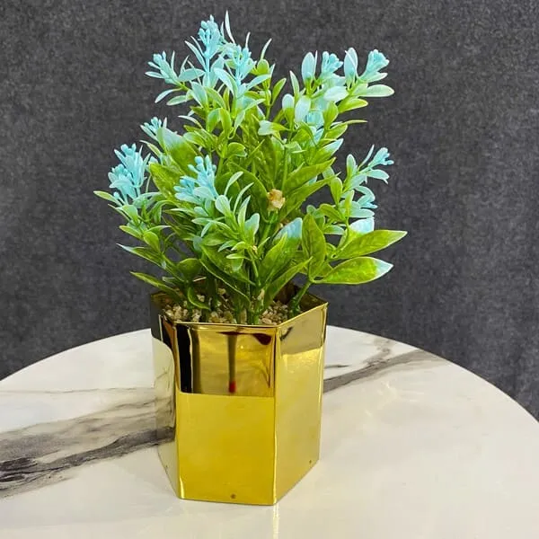 Blue Floral Plant in Gold Hexagon Vase