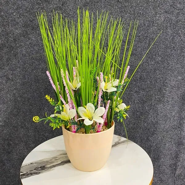 Tall Grass & Floral Arrangement in Minimalist Pot